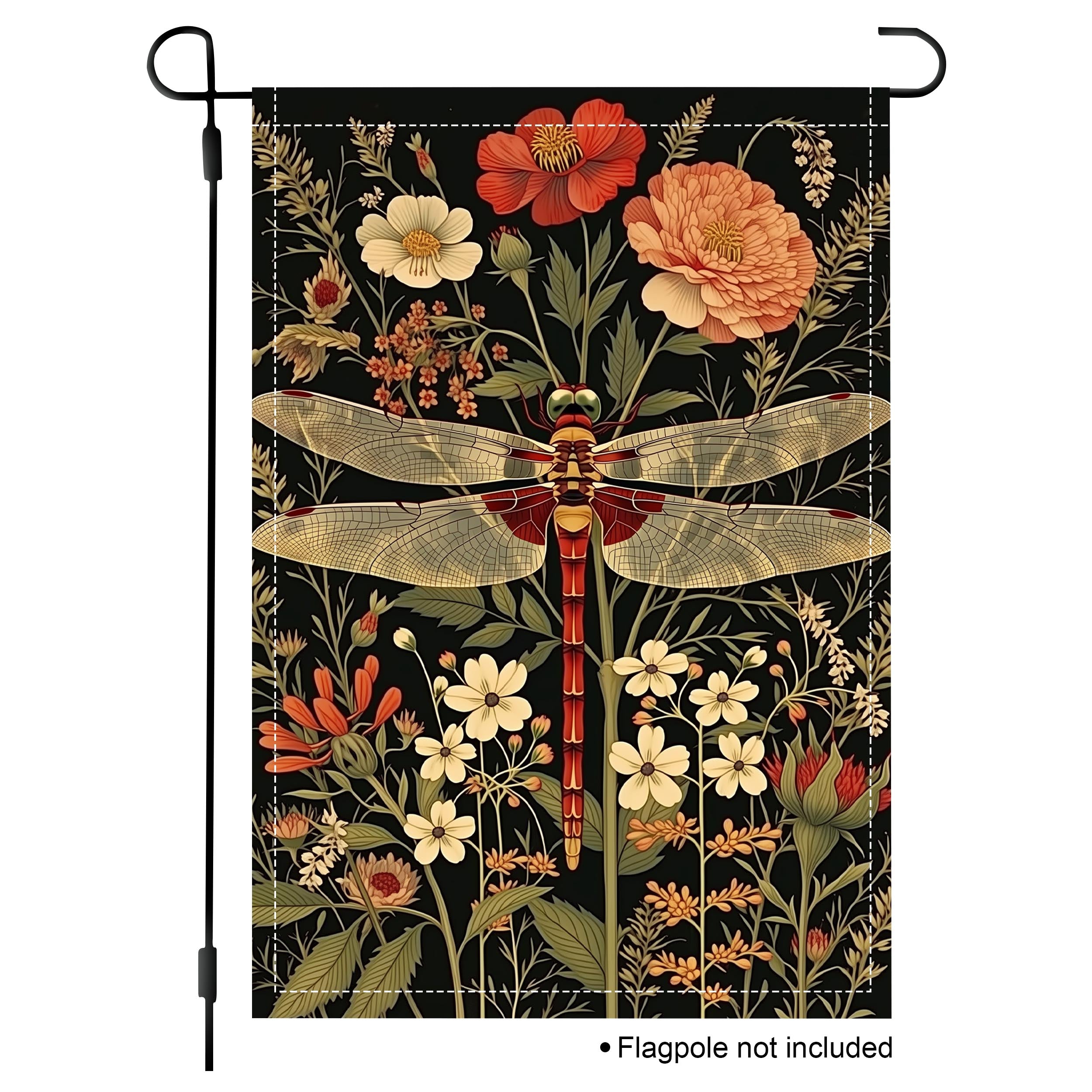 Botanical dragonfly garden flag with floral artwork on a black background