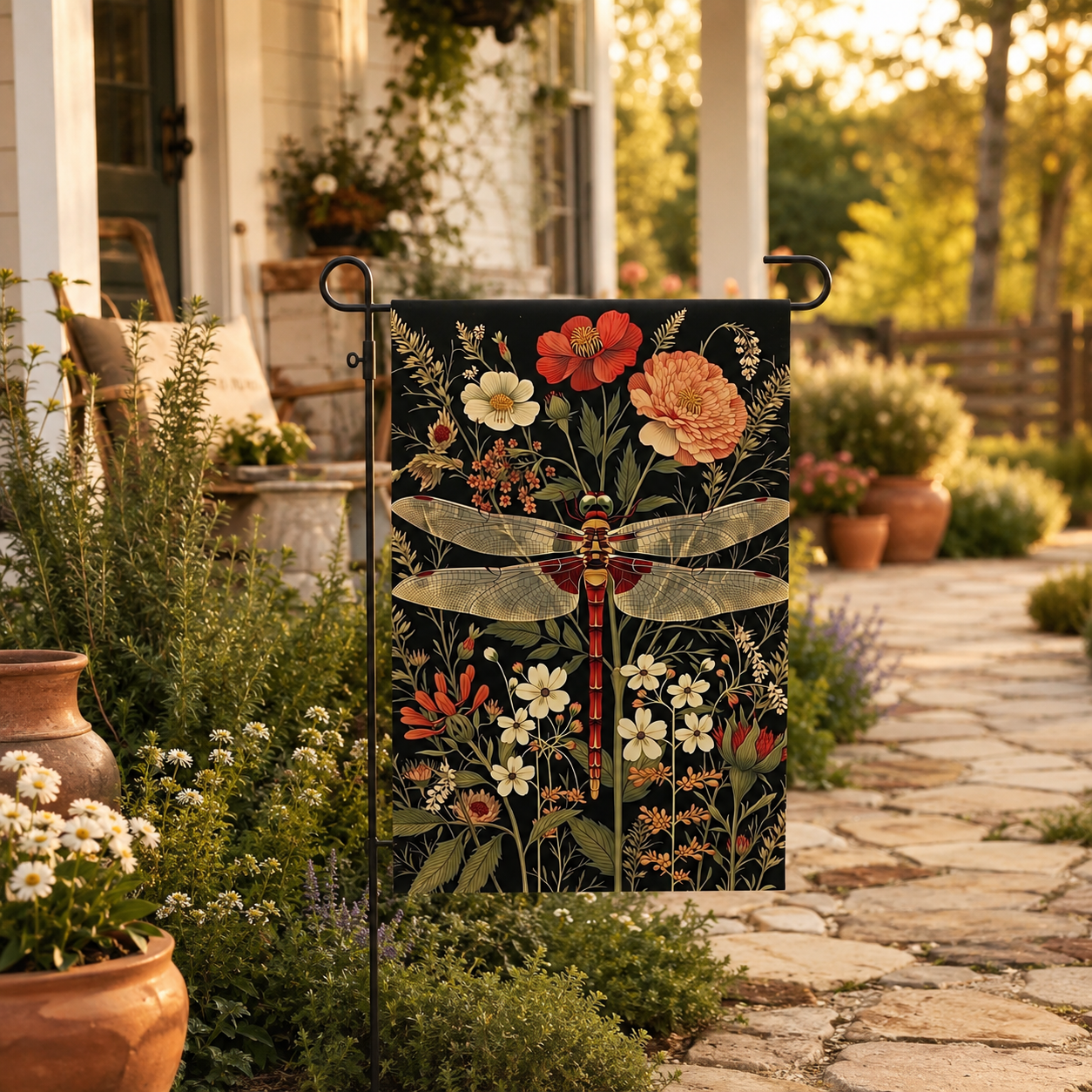 Botanical dragonfly garden flag styled beside a warm front porch pathway