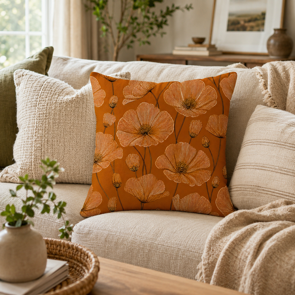 A rustic terracotta poppy floral pillow cover paired with neural textured cushions on a comfortable home sofa.