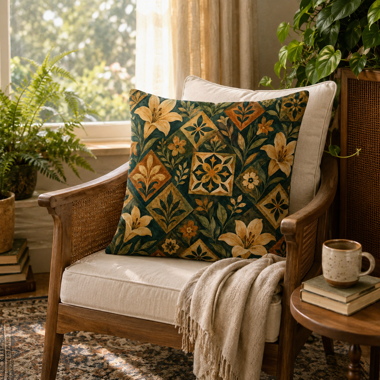 A vintage botanical tile-print cushion resting on a retro wooden armchair with rattan backing, featuring a soft fringed throw blanket and a scenic window filled with green ferns.