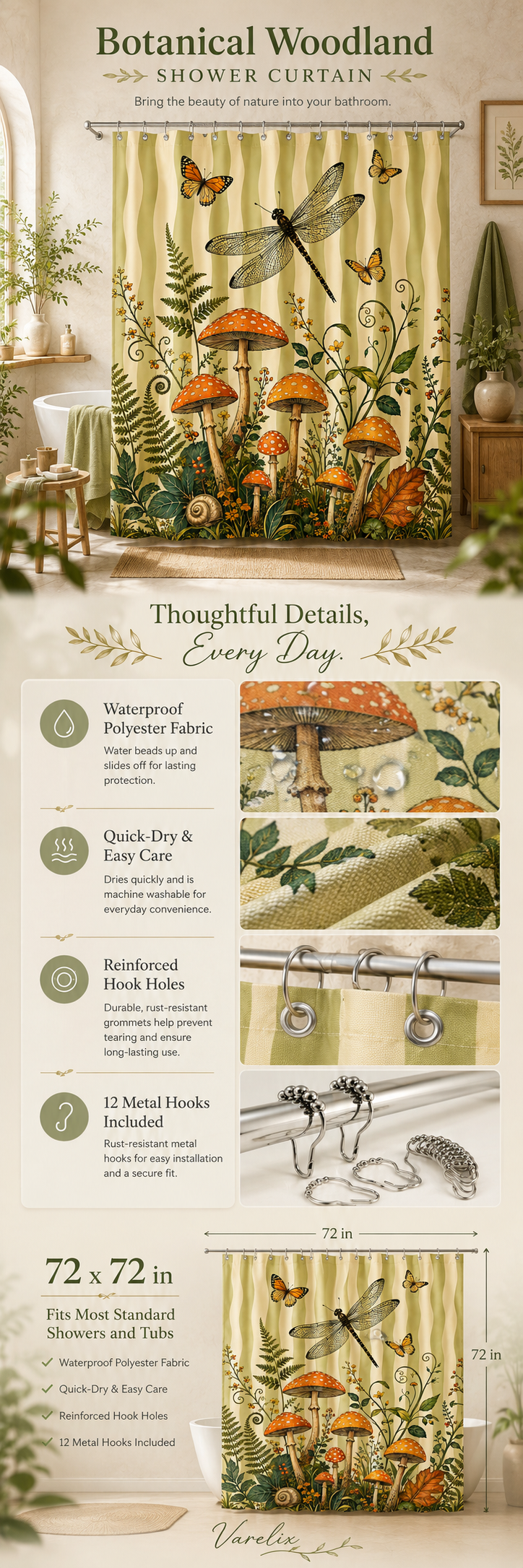 Detailed product infographic for a botanical woodland themed shower curtain, highlighting its quick-dry fabric and reinforced hook holes.