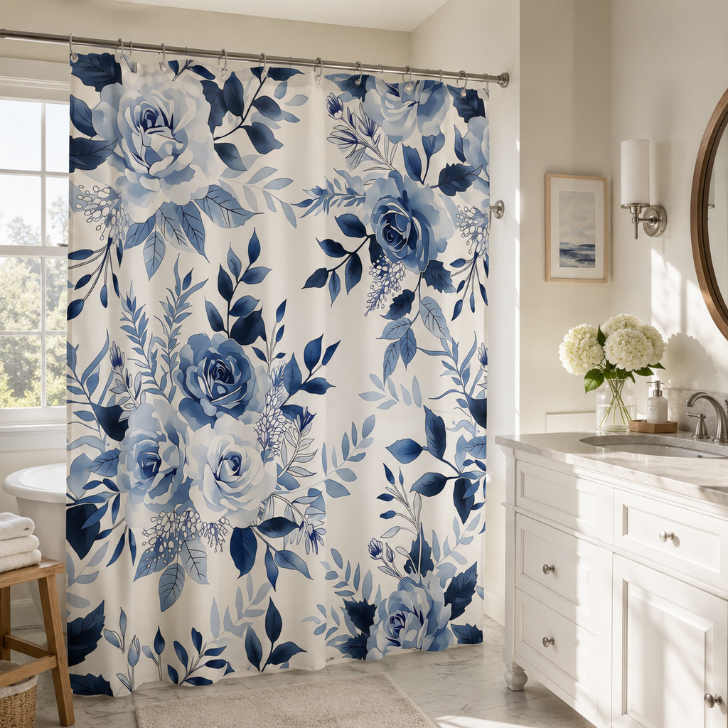 A beautiful white shower curtain with a dark blue floral rose print in a sunlit bathroom with a white vanity and large window.