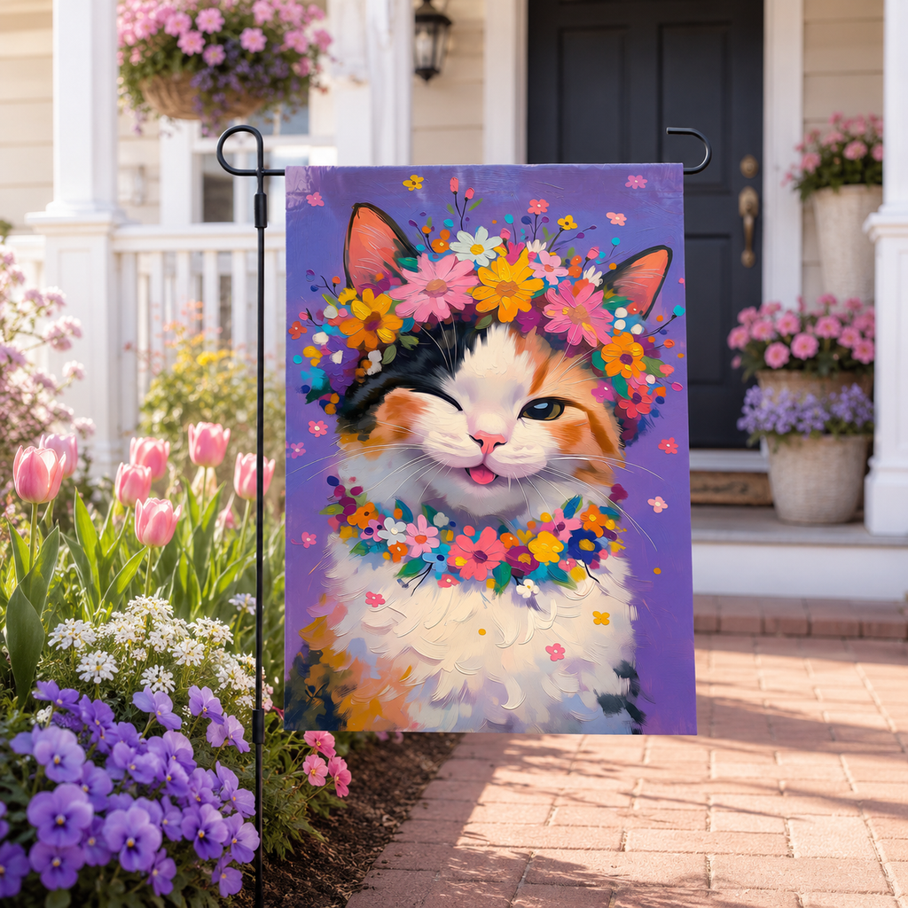 Floral calico cat garden flag displayed outside a white cottage porch with tulips and purple garden blooms.