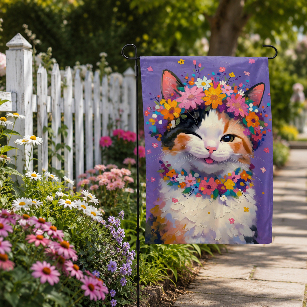 Floral calico cat garden flag displayed beside a white picket fence with daisies and colorful cottage garden flowers.