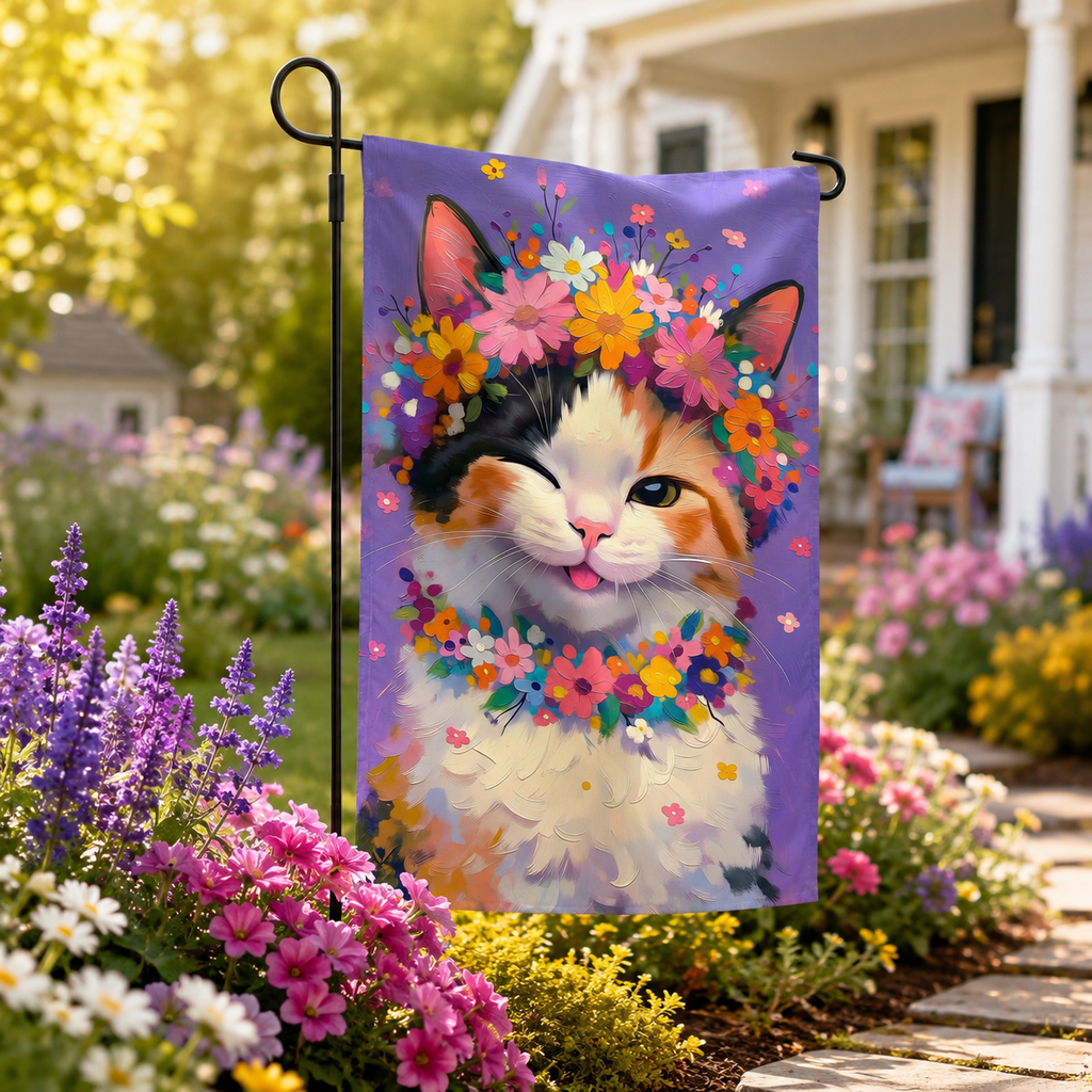 Winking calico cat garden flag surrounded by bright spring flowers and soft golden sunlight in a blooming yard.
