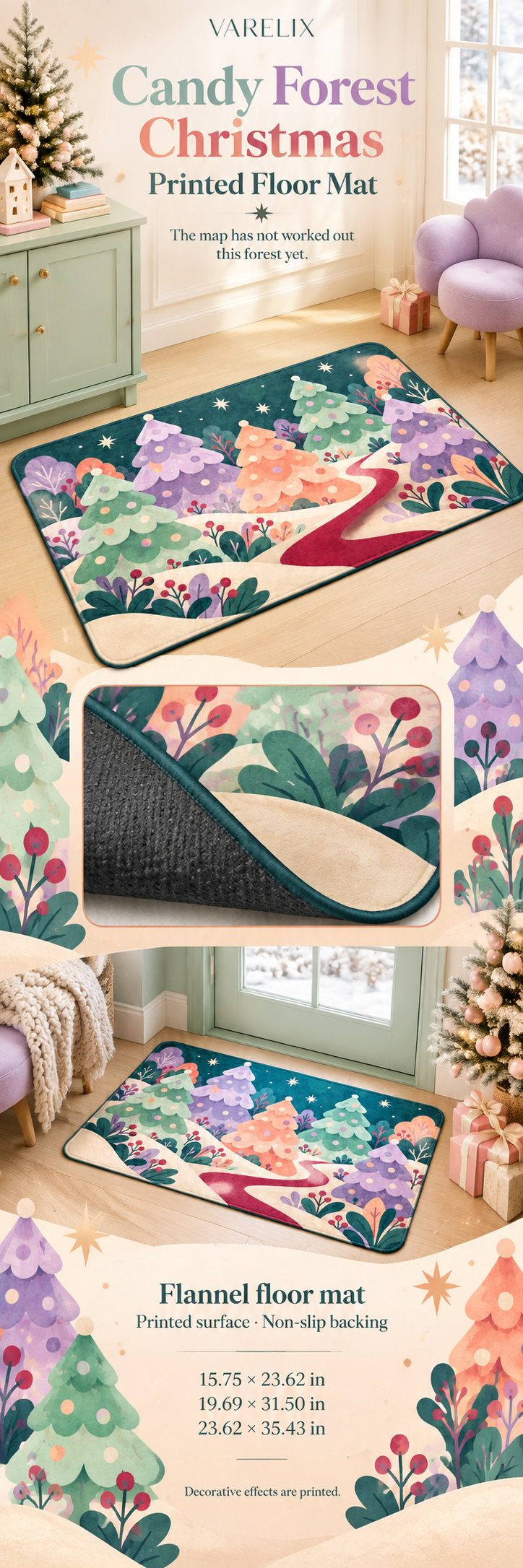Candy Forest Christmas Printed Floor Mat by VARELIX, A+ detail poster with verified material, sizes and included items.