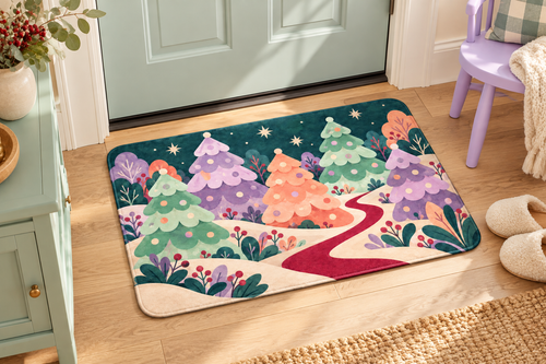Candy Forest Christmas Printed Floor Mat, lifestyle view 1: One mat laid flat INSIDE the front door, full landscape mat and all four rounded corners visible at small accent-mat scale, angled downward photography.