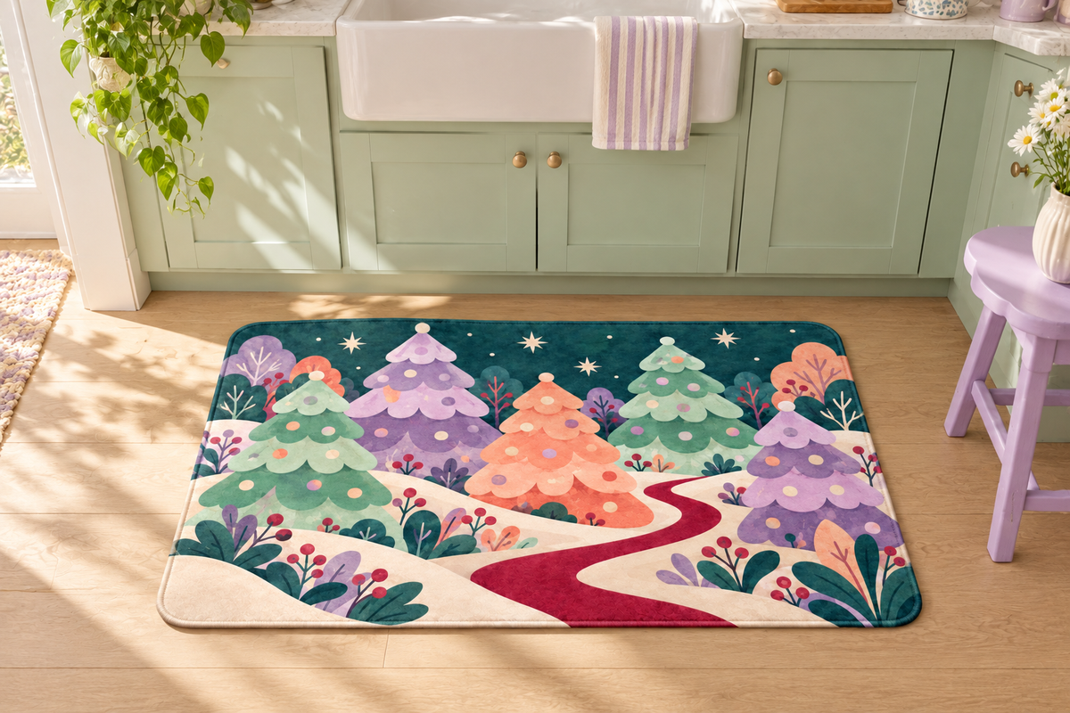 Candy Forest Christmas Printed Floor Mat, lifestyle view 2: One mat on the kitchen floor in front of a sink or coffee station, full printed surface readable, no furniture hiding the design.