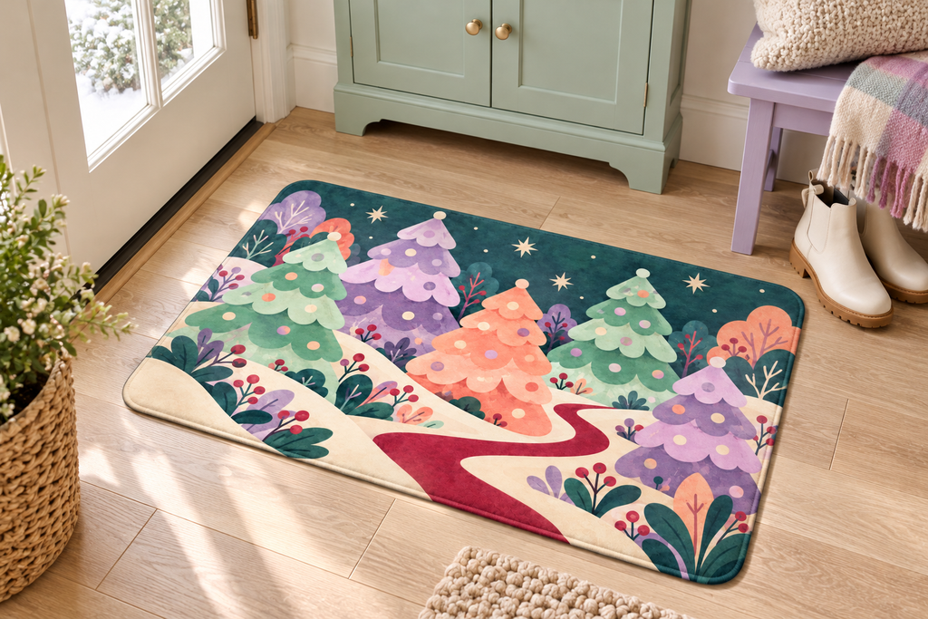 Candy Forest Christmas Printed Floor Mat, lifestyle view 3: One mat in a tidy indoor mudroom beside a small bench, photographed slightly above with realistic 16 by 24 inch scale.
