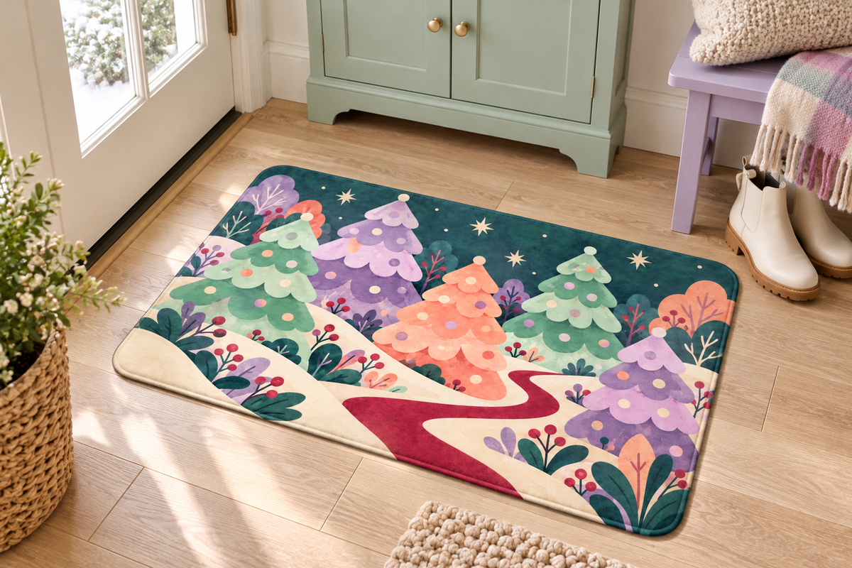 Candy Forest Christmas Printed Floor Mat, lifestyle view 3: One mat in a tidy indoor mudroom beside a small bench, photographed slightly above with realistic 16 by 24 inch scale.