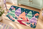 Candy Forest Christmas Printed Floor Mat, lifestyle view 4: Close overhead-oblique view of one mat on a clean pale-wood floor near a cabinet, all four corners in frame, soft side light reveals short flannel nap.