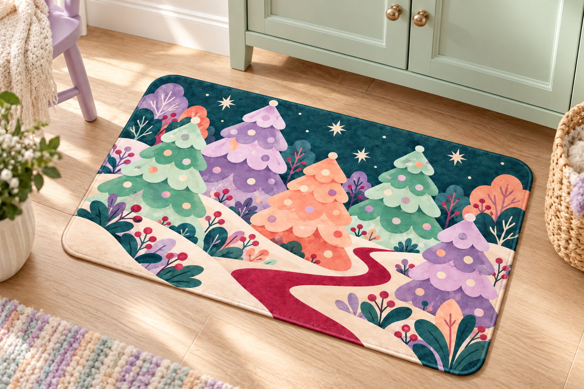 Candy Forest Christmas Printed Floor Mat, lifestyle view 4: Close overhead-oblique view of one mat on a clean pale-wood floor near a cabinet, all four corners in frame, soft side light reveals short flannel nap.
