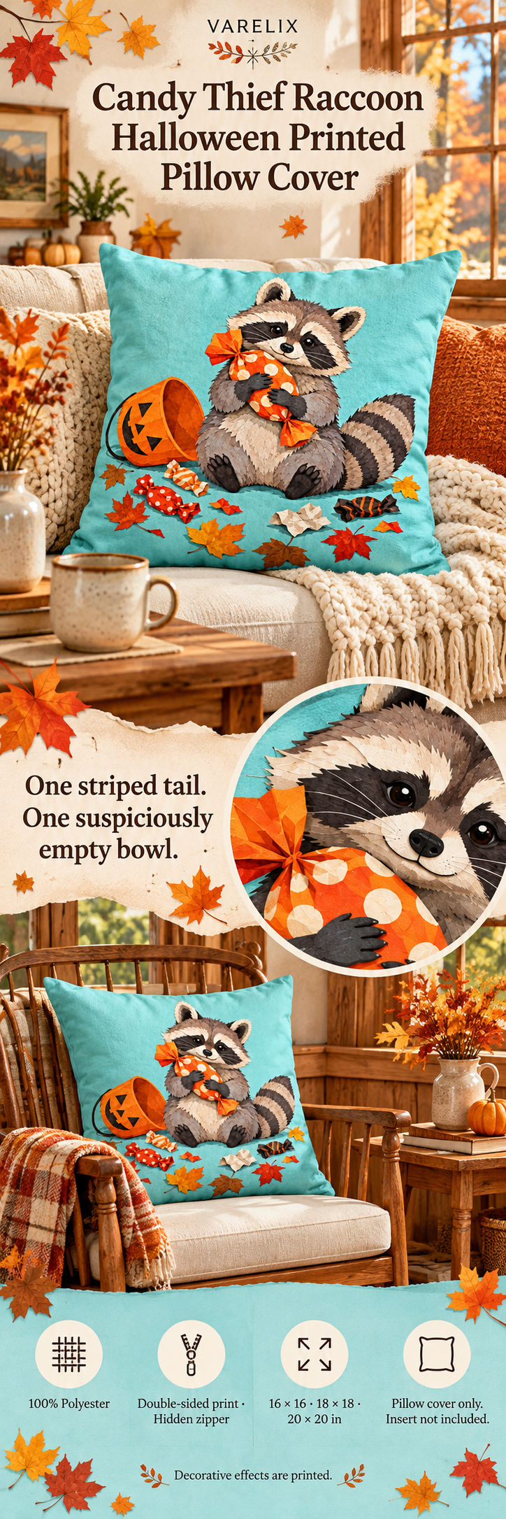 Candy Thief Raccoon Halloween Printed Pillow Cover by VARELIX, A+ detail poster with verified material, sizes and included items.