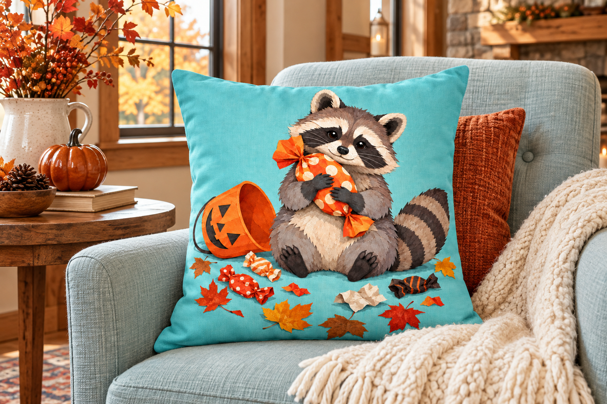 Candy Thief Raccoon Halloween Printed Pillow Cover, lifestyle view 1: Placed upright on an accent chair, nearly frontal with full print clearly visible; room-wide interior composition.