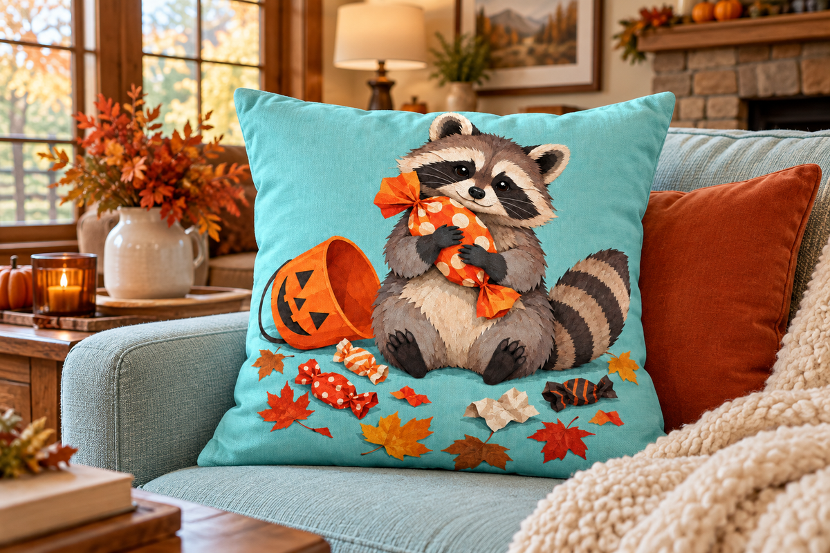 Candy Thief Raccoon Halloween Printed Pillow Cover, lifestyle view 2: A prominent single pillow on a sofa beside one plain solid-colored cushion; medium interior composition, product fills at least 40 percent of frame.