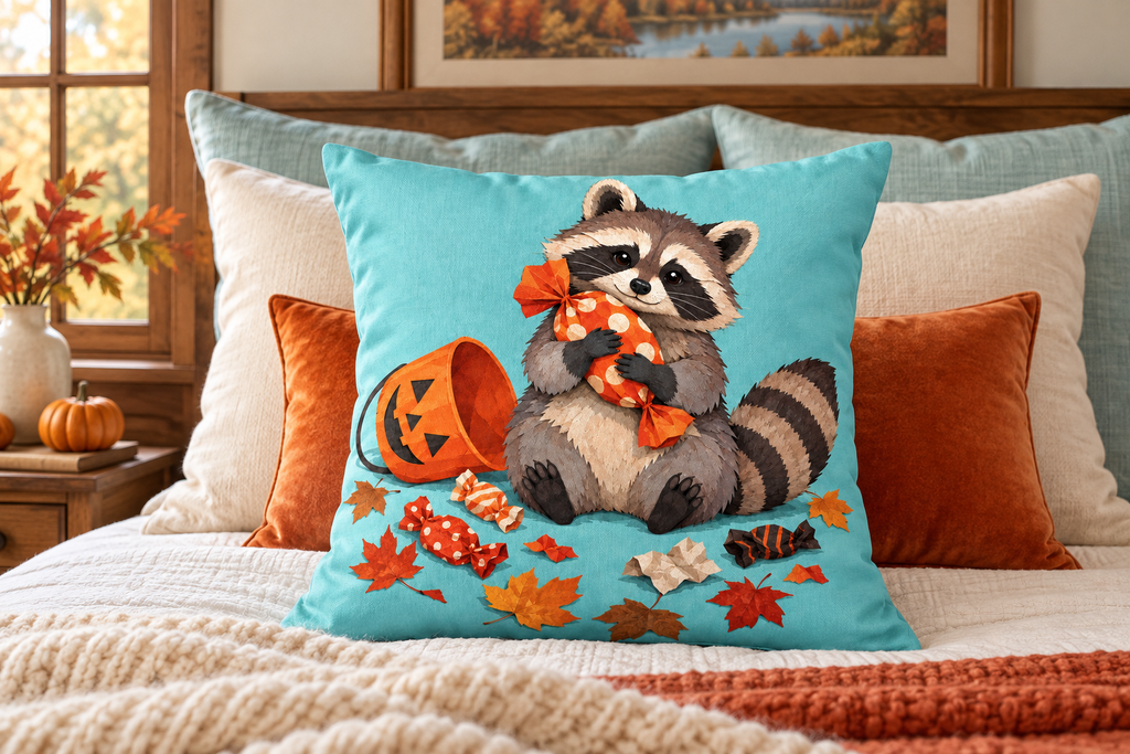 Candy Thief Raccoon Halloween Printed Pillow Cover, lifestyle view 3: Centered in front of plain pillows on a neatly made guest bed; eye-level composition, believable 18-inch pillow scale.