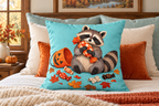 Candy Thief Raccoon Halloween Printed Pillow Cover, lifestyle view 3: Centered in front of plain pillows on a neatly made guest bed; eye-level composition, believable 18-inch pillow scale.
