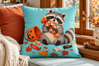 Candy Thief Raccoon Halloween Printed Pillow Cover, lifestyle view 4: Close editorial view on an indoor window bench, full pillow and all edges visible, gentle side light reveals the real textile texture.