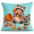 Candy Thief Raccoon Halloween Printed Pillow Cover on a white background, showing the complete printed design.