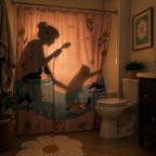 A cartoon cat print shower curtain illuminated from behind, casting a cinematic silhouette of a person showering and a pet cat peaking out, creating a warm, playful evening ambiance.