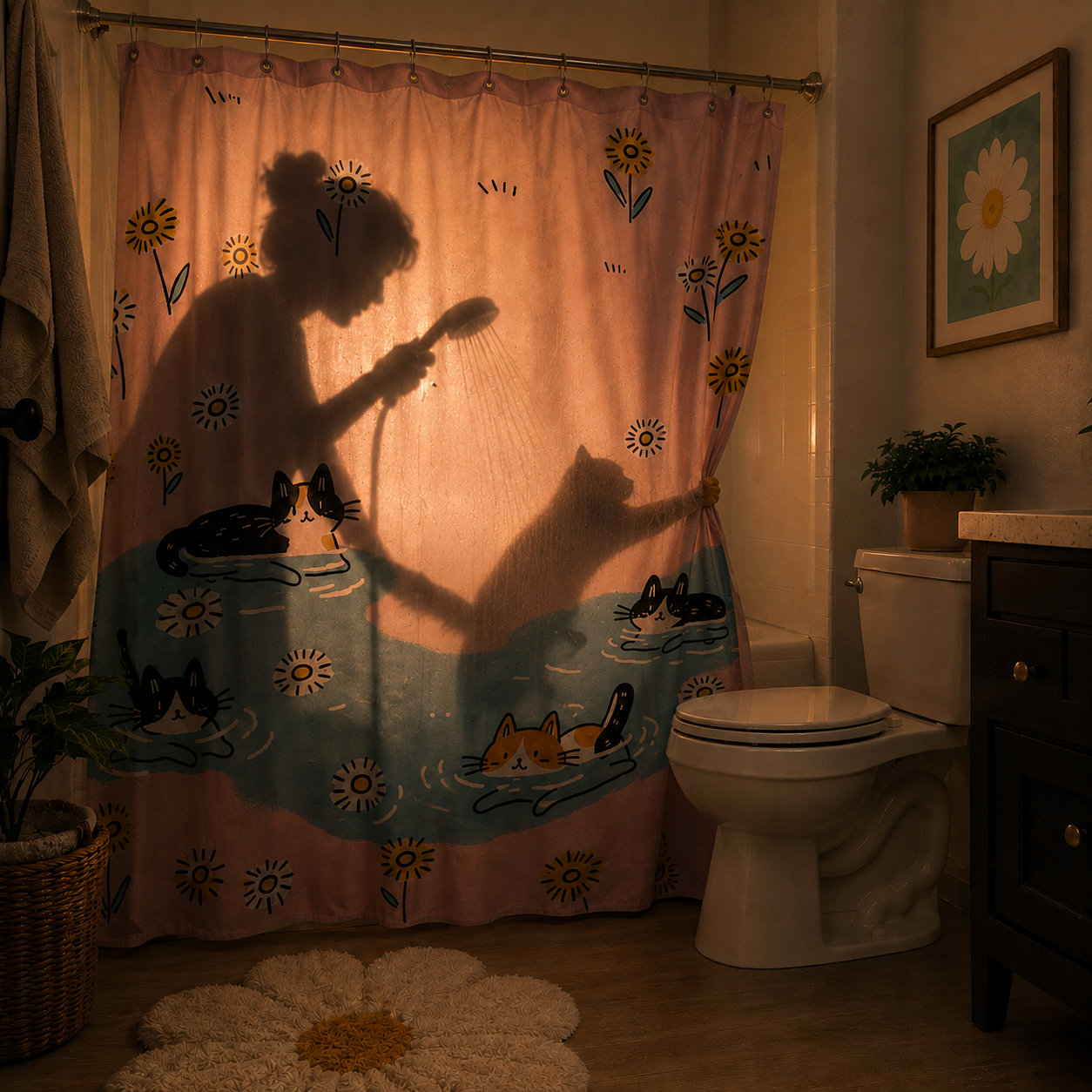 A cartoon cat print shower curtain illuminated from behind, casting a cinematic silhouette of a person showering and a pet cat peaking out, creating a warm, playful evening ambiance.