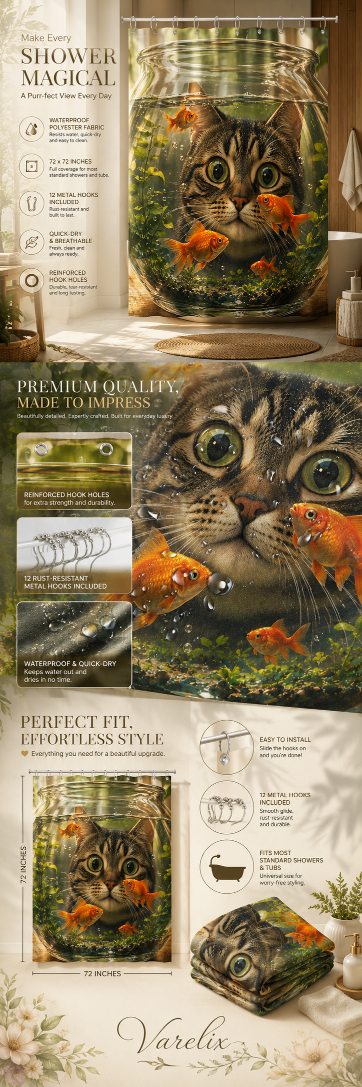 Comprehensive product infographic for a funny cat and fishbowl themed shower curtain, showing its waterproof features and product dimensions.