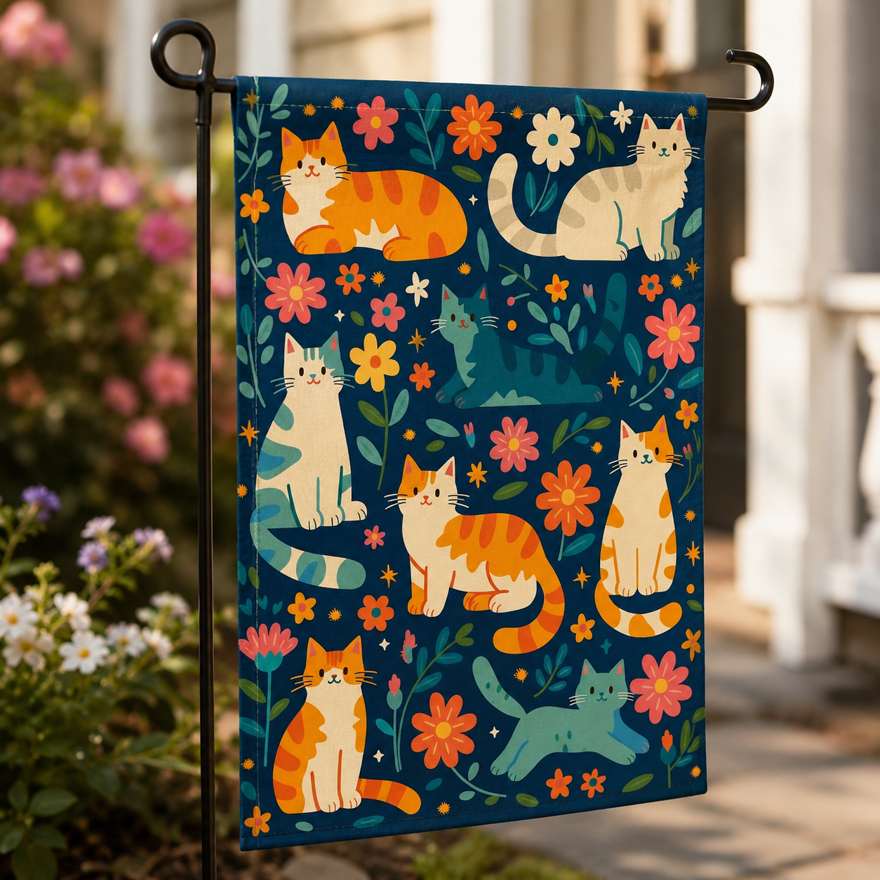 Close-up cat floral garden flag with bright cats and botanical details