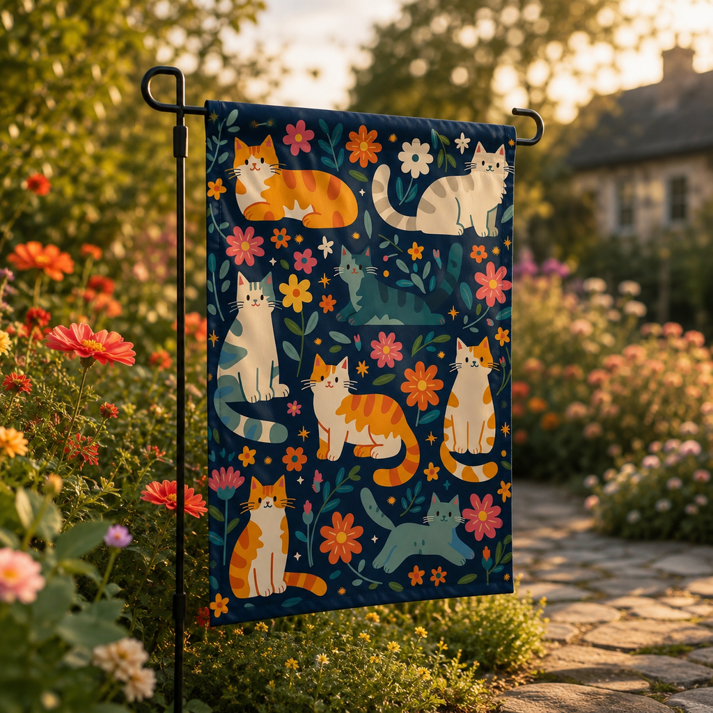 Cat floral garden flag hanging among warm sunset garden flowers