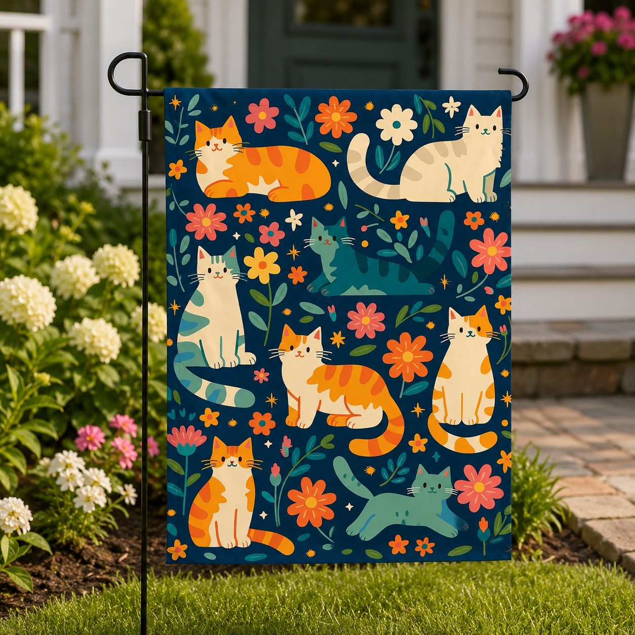 Cat floral garden flag displayed in a bright front yard garden