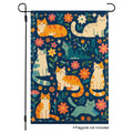 Cat floral garden flag with colorful cats and flowers on a navy background