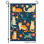 Cat floral garden flag with colorful cats and flowers on a navy background