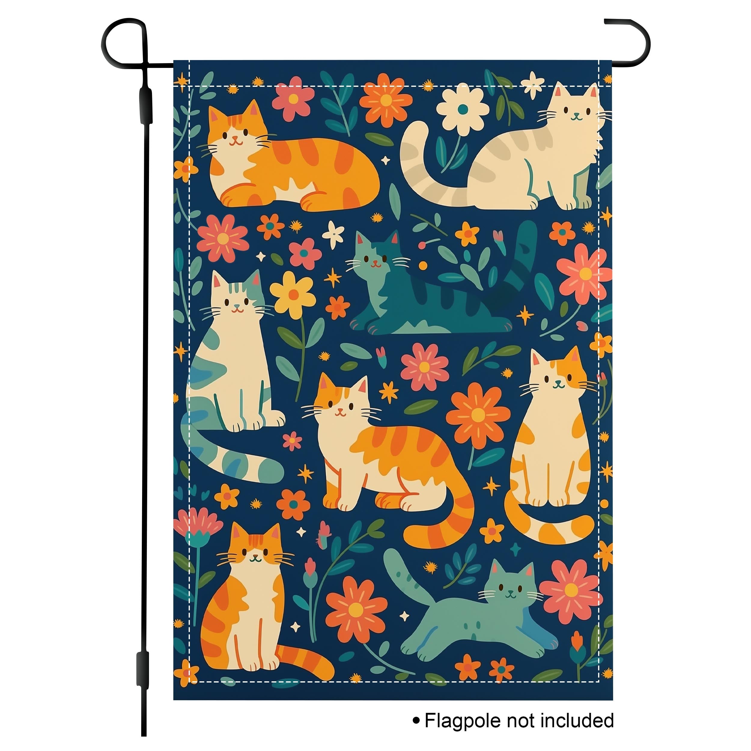 Cat floral garden flag with colorful cats and flowers on a navy background
