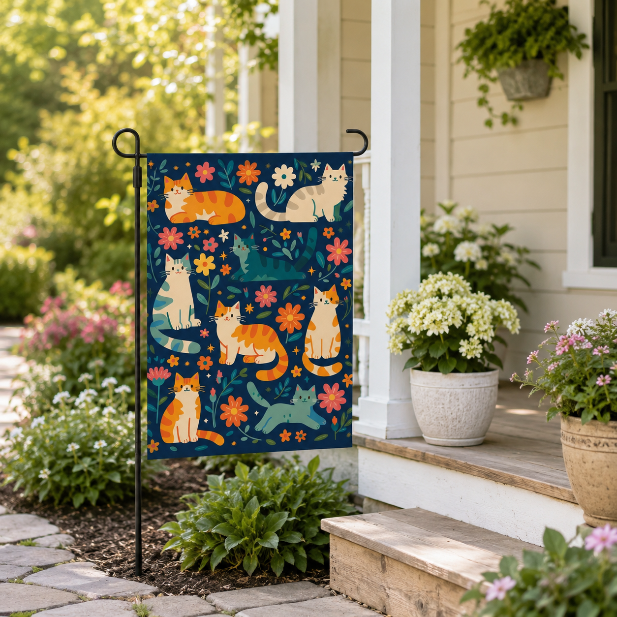 Cat floral garden flag near a sunny porch with potted flowers