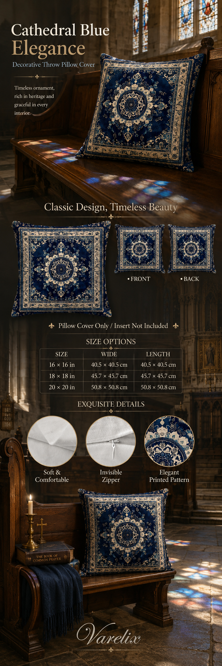 Cathedral blue decorative pillow cover with vintage medallion artwork.