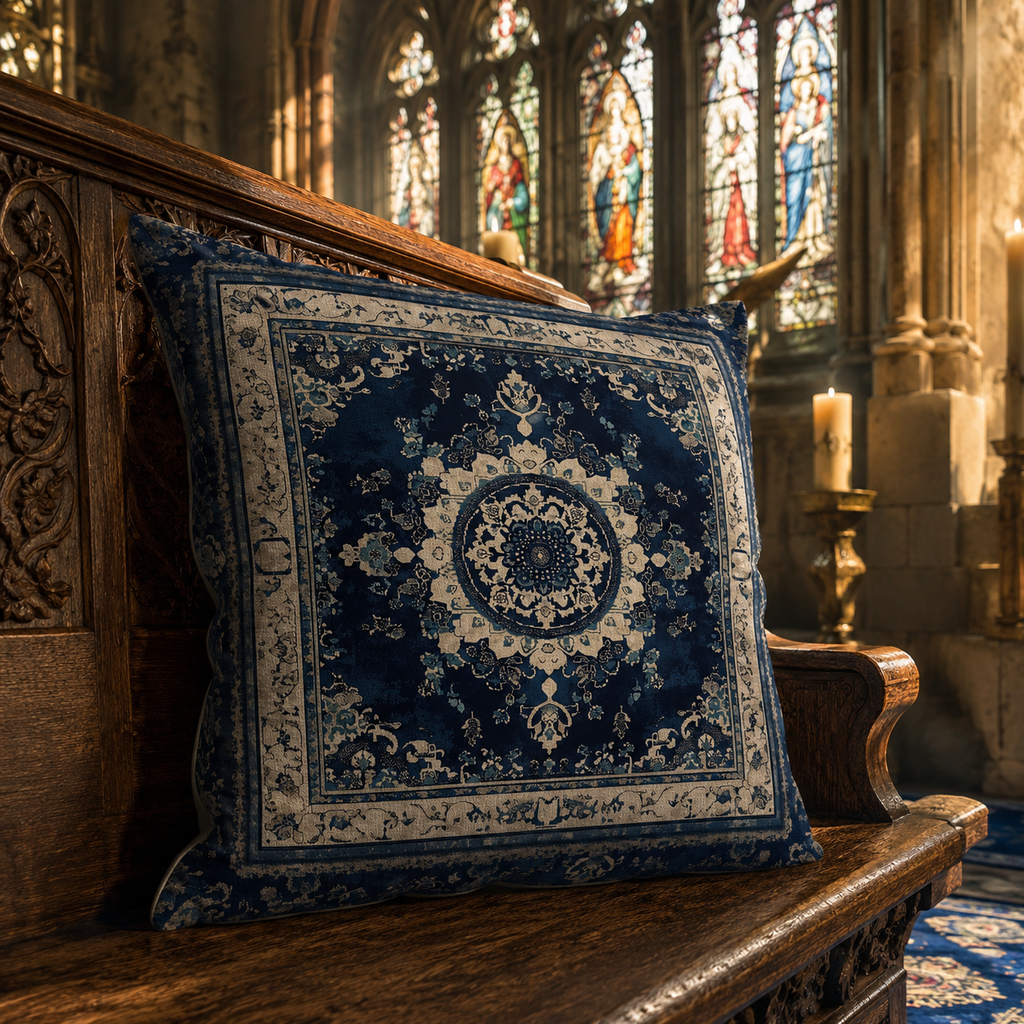 Cathedral blue pillow cover displayed on a carved wooden church bench.