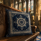 Cathedral blue pillow cover displayed on a carved wooden church bench.