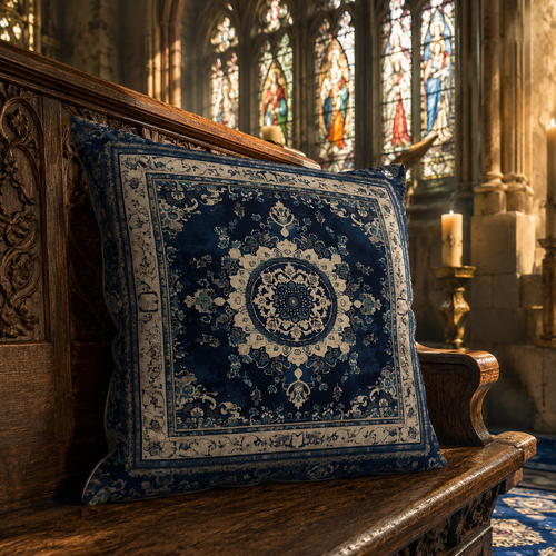Cathedral blue pillow cover displayed on a carved wooden church bench.
