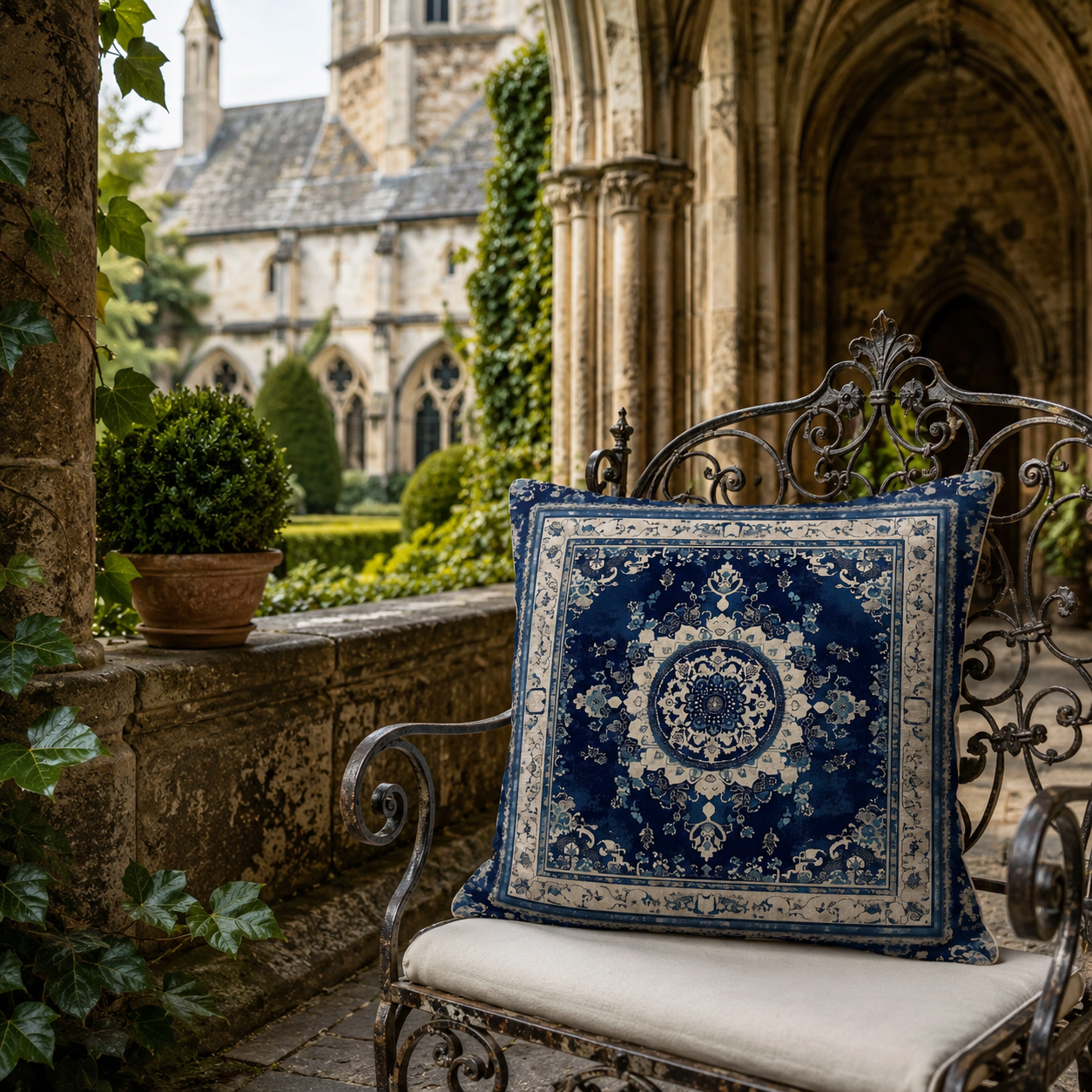Cathedral courtyard pillow cover styled on an ornate outdoor chair.