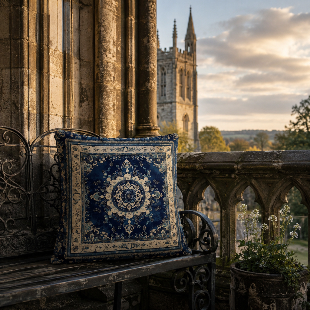 Cathedral terrace pillow cover displayed on a stone balcony bench.
