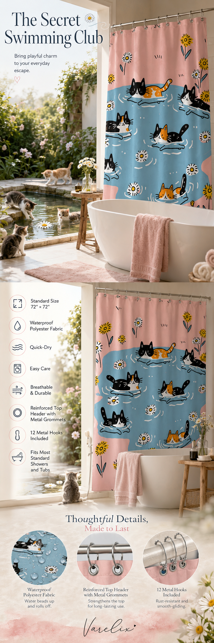 A pastel colored brand marketing infographic titled The Secret Swimming Club for the Varelix shower curtain, showcasing 72 by 72 inches specifications, waterproof fabric texture, and sturdy metal hooks next to a sunlit garden tub.