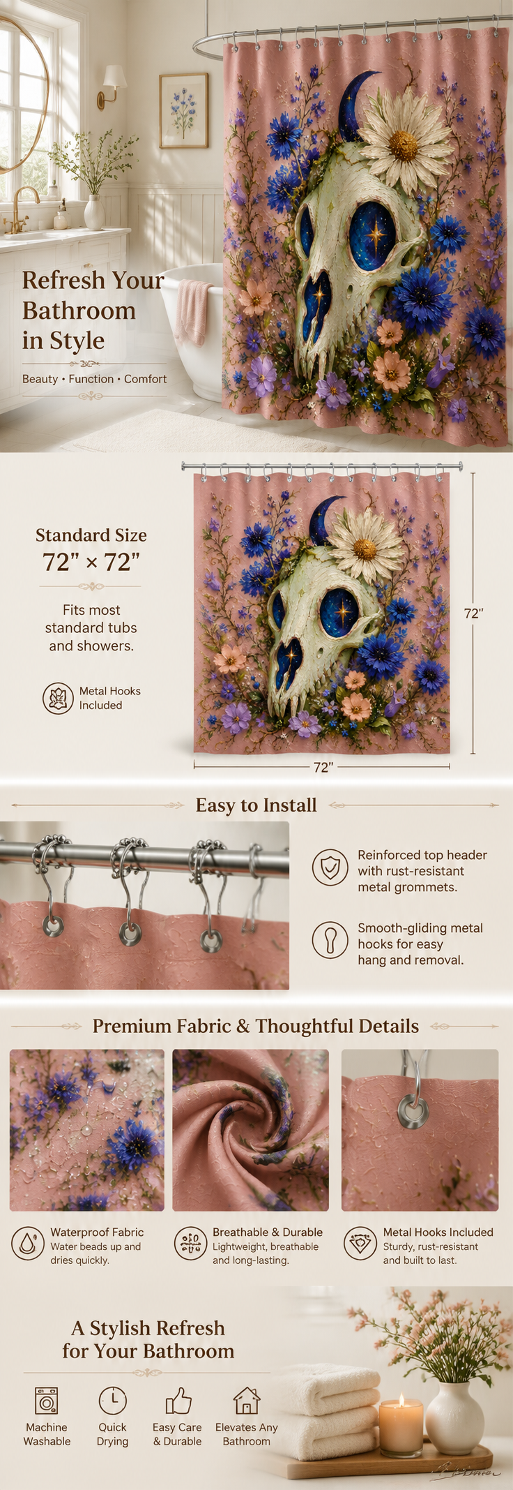 Detailed product infographic for a celestial gothic floral skull themed shower curtain, showcasing its standard size and machine washable fabric.