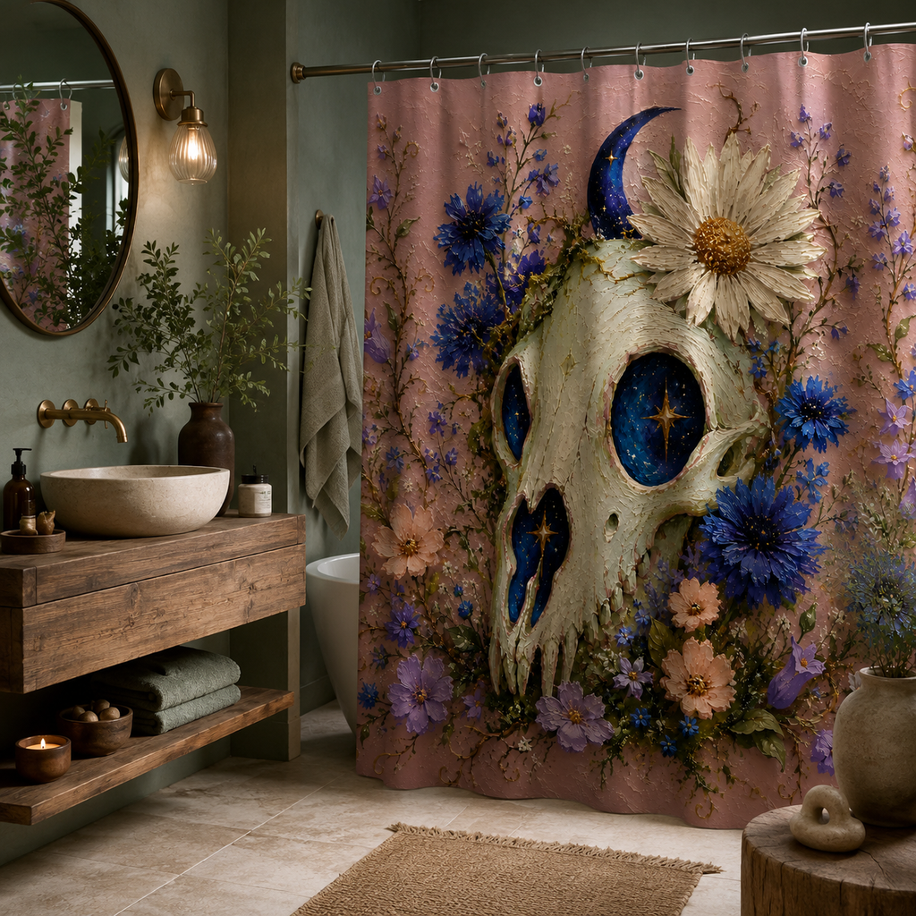 Celestial gothic floral skull shower curtain hanging in a wabi-sabi style bathroom with a stone basin and dark wood shelves.