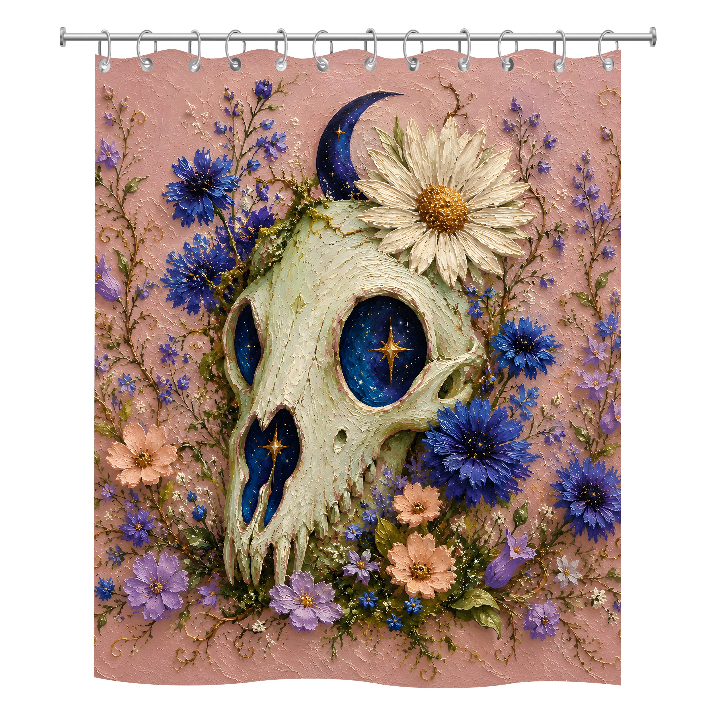 Artistic shower curtain design featuring a textured oil painting style animal skull adorned with blue cornflowers, daisies, and starry night sky eyes.