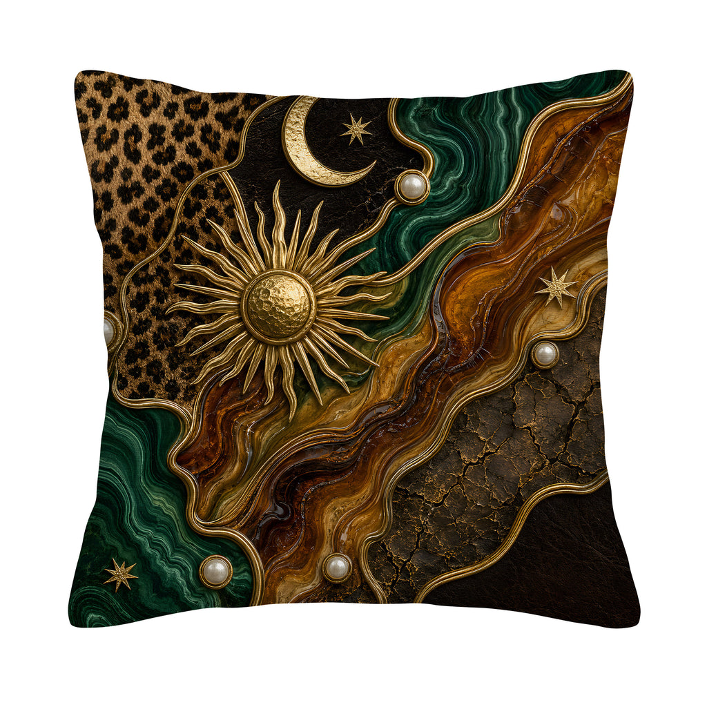 A square decorative throw pillow cover isolated on a pure white background, featuring a celestial luxe design with a golden 3D-effect sun and crescent moon, mixed with leopard print, green malachite textures, and brown cracked earth patterns with pearl accents.