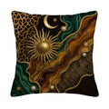 A square decorative throw pillow cover isolated on a pure white background, featuring a celestial luxe design with a golden 3D-effect sun and crescent moon, mixed with leopard print, green malachite textures, and brown cracked earth patterns with pearl accents.