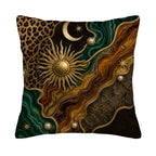A square decorative throw pillow cover isolated on a pure white background, featuring a celestial luxe design with a golden 3D-effect sun and crescent moon, mixed with leopard print, green malachite textures, and brown cracked earth patterns with pearl accents.