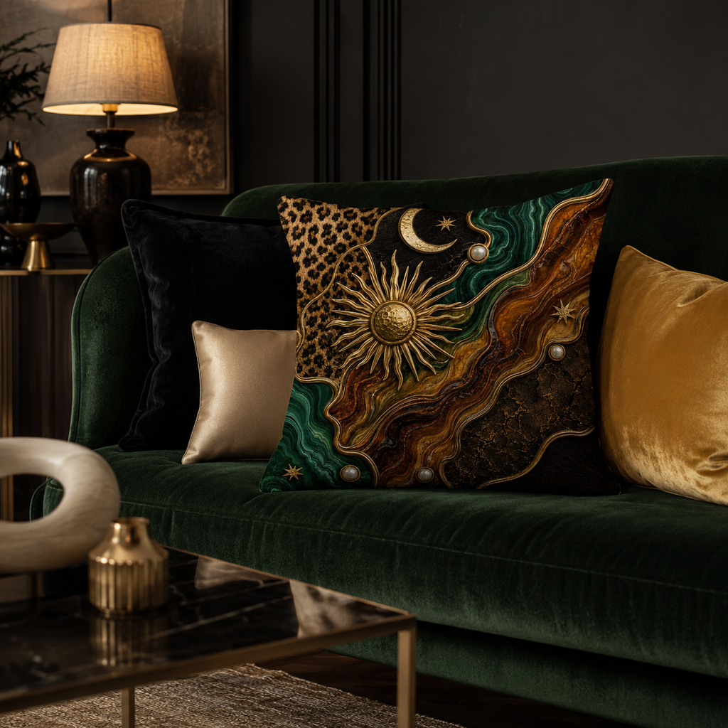 A luxurious decorative throw pillow with an embossed celestial sun and moon design styled on a deep emerald green velvet sofa, accompanied by golden accents and warm moody lighting.