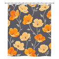 A square polyester shower curtain isolated on a pure white background, featuring a repeating seamless pattern of bright orange and soft yellow poppies on a dark charcoal grey background.
