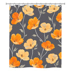 A square polyester shower curtain isolated on a pure white background, featuring a repeating seamless pattern of bright orange and soft yellow poppies on a dark charcoal grey background.