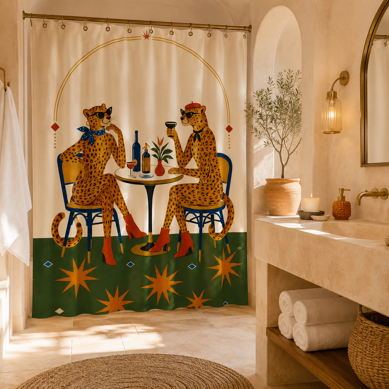 Trendy cheetah bistro art shower curtain in a minimalist beige bathroom with warm lighting.
